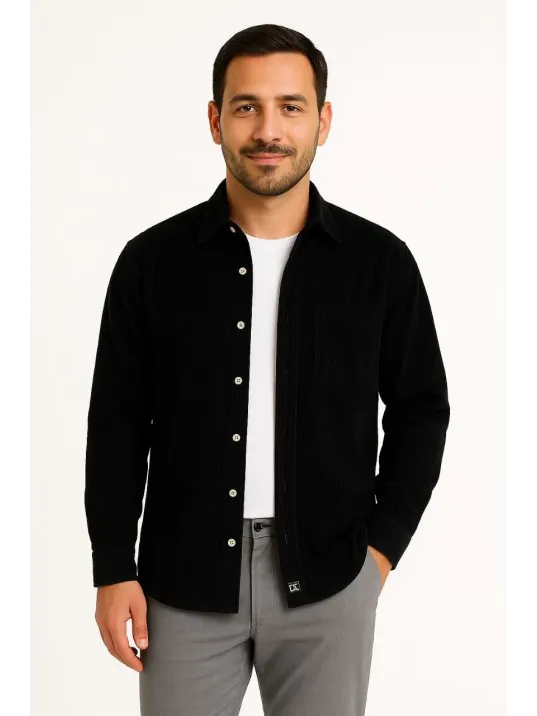 Erkek Fitilli Kadife Cepli Gömlek Oversize Rahat Kalıp - Siyah Erkek Fitilli Kadife Cepli Gömlek Oversize Rahat Kalıp - Siyah