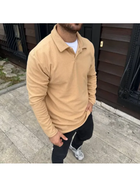 Erkek Fitilli Polar Sweatshirt – Düğmesiz Polo Yaka, Oversize Rahat Kalıp, Kalın Polar Kumaş, Kışlık ve Baharlık Şık Günlük Üst - Bej