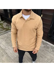 Erkek Fitilli Polar Sweatshirt – Düğmesiz Polo Yaka, Oversize Rahat Kalıp, Kalın Polar Kumaş, Kışlık Ve Baharlık Şık Günlük Üst - Bej