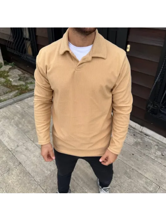 Erkek Fitilli Polar Sweatshirt – Düğmesiz Polo Yaka, Oversize Rahat Kalıp, Kalın Polar Kumaş, Kışlık ve Baharlık Şık Günlük Üst - Bej