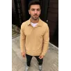 Erkek Fitilli Polar Sweatshirt – Düğmesiz Polo Yaka, Oversize Rahat Kalıp, Kalın Polar Kumaş, Kışlık ve Baharlık Şık Günlük Üst - Bej