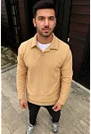 Erkek Fitilli Polar Sweatshirt – Düğmesiz Polo Yaka, Oversize Rahat Kalıp, Kalın Polar Kumaş, Kışlık Ve Baharlık Şık Günlük Üst - Bej