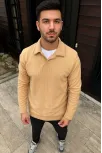 Erkek Fitilli Polar Sweatshirt – Düğmesiz Polo Yaka, Oversize Rahat Kalıp, Kalın Polar Kumaş, Kışlık Ve Baharlık Şık Günlük Üst - Bej