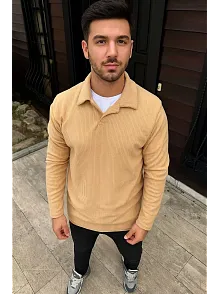 Erkek Fitilli Polar Sweatshirt – Düğmesiz Polo Yaka, Oversize Rahat Kalıp, Kalın Polar Kumaş, Kışlık Ve Baharlık Şık Günlük Üst - Bej