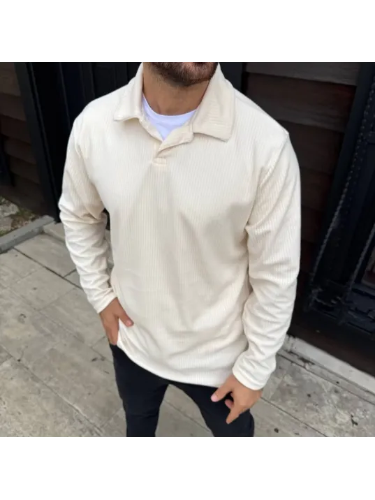 Erkek Fitilli Polar Sweatshirt – Düğmesiz Polo Yaka, Oversize Rahat Kalıp, Kalın Polar Kumaş, Kışlık ve Baharlık Şık Günlük Üst - Beyaz