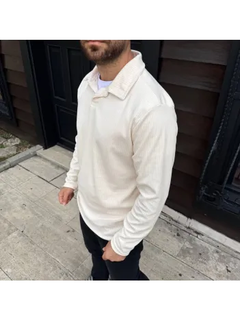 Erkek Fitilli Polar Sweatshirt – Düğmesiz Polo Yaka, Oversize Rahat Kalıp, Kalın Polar Kumaş, Kışlık ve Baharlık Şık Günlük Üst - Beyaz