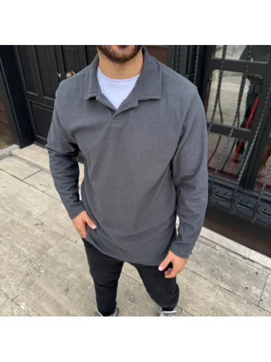 Erkek Fitilli Polar Sweatshirt – Düğmesiz Polo Yaka, Oversize Rahat Kalıp, Kalın Polar Kumaş, Kışlık ve Baharlık Şık Günlük Üst - Füme