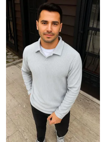 Erkek Fitilli Polar Sweatshirt – Düğmesiz Polo Yaka, Oversize Rahat Kalıp, Kalın Polar Kumaş, Kışlık ve Baharlık Şık Günlük Üst - Gri