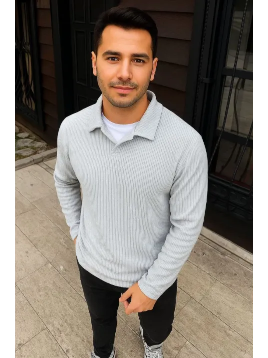 Erkek Fitilli Polar Sweatshirt – Düğmesiz Polo Yaka, Oversize Rahat Kalıp, Kalın Polar Kumaş, Kışlık ve Baharlık Şık Günlük Üst - Gri