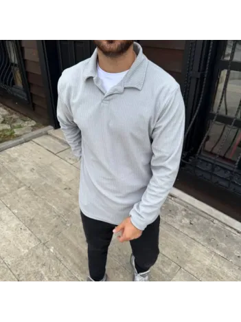 Erkek Fitilli Polar Sweatshirt – Düğmesiz Polo Yaka, Oversize Rahat Kalıp, Kalın Polar Kumaş, Kışlık ve Baharlık Şık Günlük Üst - Gri