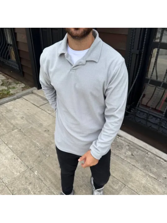 Erkek Fitilli Polar Sweatshirt – Düğmesiz Polo Yaka, Oversize Rahat Kalıp, Kalın Polar Kumaş, Kışlık ve Baharlık Şık Günlük Üst - Gri