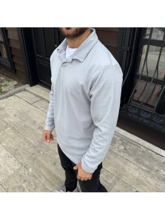 Erkek Fitilli Polar Sweatshirt – Düğmesiz Polo Yaka, Oversize Rahat Kalıp, Kalın Polar Kumaş, Kışlık ve Baharlık Şık Günlük Üst - Gri