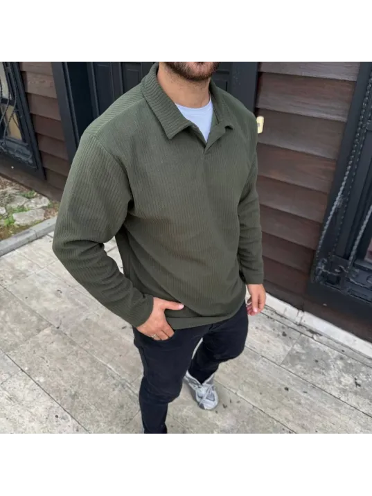 Erkek Fitilli Polar Sweatshirt – Düğmesiz Polo Yaka, Oversize Rahat Kalıp, Kalın Polar Kumaş, Kışlık ve Baharlık Şık Günlük Üst - Haki