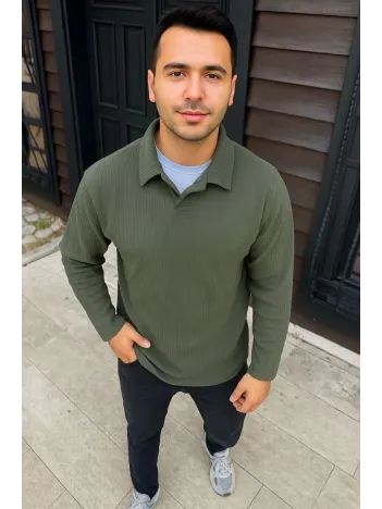 Erkek Fitilli Polar Sweatshirt – Düğmesiz Polo Yaka, Oversize Rahat Kalıp, Kalın Polar Kumaş, Kışlık ve Baharlık Şık Günlük Üst - Haki