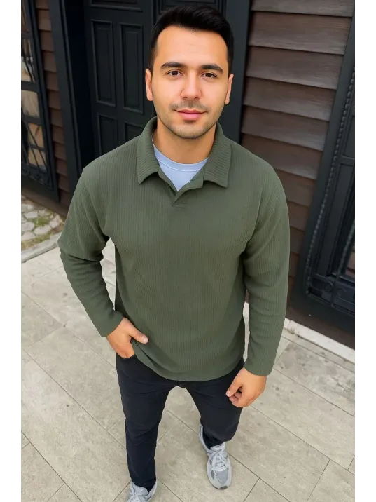 Erkek Fitilli Polar Sweatshirt – Düğmesiz Polo Yaka, Oversize Rahat Kalıp, Kalın Polar Kumaş, Kışlık ve Baharlık Şık Günlük Üst - Haki