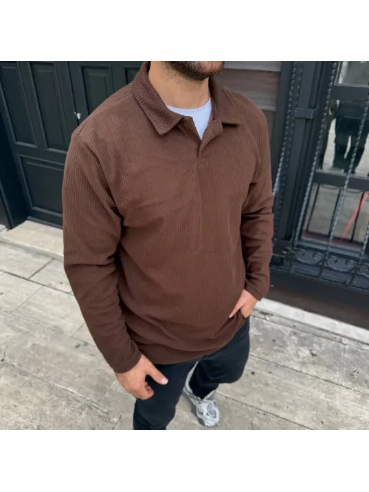 Erkek Fitilli Polar Sweatshirt – Düğmesiz Polo Yaka, Oversize Rahat Kalıp, Kalın Polar Kumaş, Kışlık ve Baharlık Şık Günlük Üst - Kahverengi Erkek Fitilli Polar Sweatshirt – Düğmesiz Polo Yaka, Oversize Rahat Kalıp, Kalın Polar Kumaş, Kışlık ve Baharlık Şık Günlük Üst - Kahverengi
