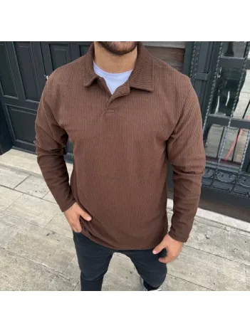 Erkek Fitilli Polar Sweatshirt – Düğmesiz Polo Yaka, Oversize Rahat Kalıp, Kalın Polar Kumaş, Kışlık ve Baharlık Şık Günlük Üst - Kahverengi