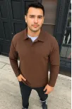 Erkek Fitilli Polar Sweatshirt – Düğmesiz Polo Yaka, Oversize Rahat Kalıp, Kalın Polar Kumaş, Kışlık Ve Baharlık Şık Günlük Üst - Kahverengi