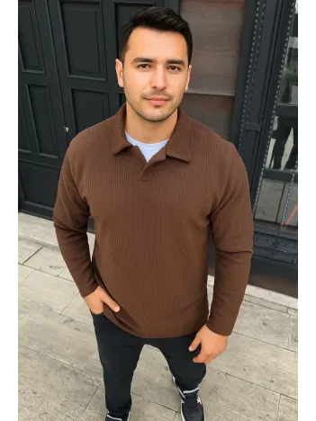 Erkek Fitilli Polar Sweatshirt – Düğmesiz Polo Yaka, Oversize Rahat Kalıp, Kalın Polar Kumaş, Kışlık ve Baharlık Şık Günlük Üst - Kahverengi