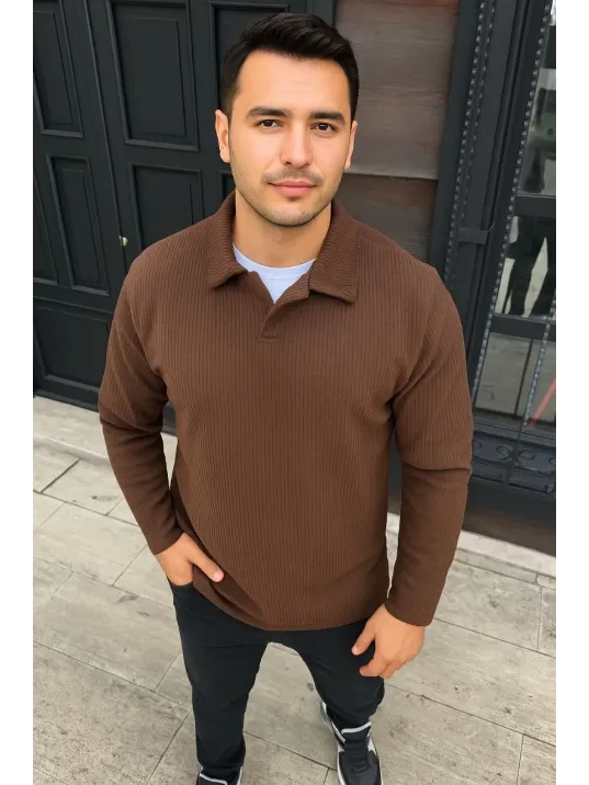 Erkek Fitilli Polar Sweatshirt – Düğmesiz Polo Yaka, Oversize Rahat Kalıp, Kalın Polar Kumaş, Kışlık ve Baharlık Şık Günlük Üst - Kahverengi Erkek Fitilli Polar Sweatshirt – Düğmesiz Polo Yaka, Oversize Rahat Kalıp, Kalın Polar Kumaş, Kışlık ve Baharlık Şık Günlük Üst - Kahverengi