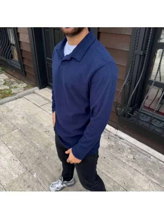 Erkek Fitilli Polar Sweatshirt – Düğmesiz Polo Yaka, Oversize Rahat Kalıp, Kalın Polar Kumaş, Kışlık ve Baharlık Şık Günlük Üst - Lacivert