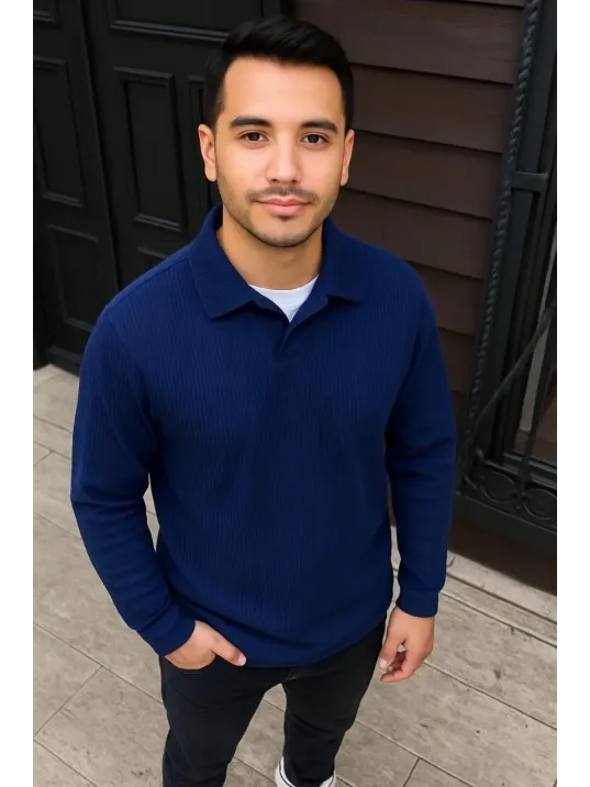 Erkek Fitilli Polar Sweatshirt – Düğmesiz Polo Yaka, Oversize Rahat Kalıp, Kalın Polar Kumaş, Kışlık ve Baharlık Şık Günlük Üst - Lacivert