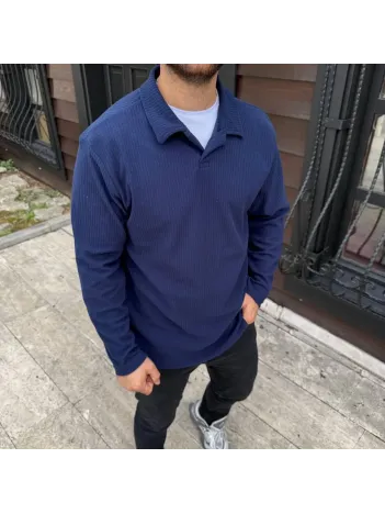 Erkek Fitilli Polar Sweatshirt – Düğmesiz Polo Yaka, Oversize Rahat Kalıp, Kalın Polar Kumaş, Kışlık ve Baharlık Şık Günlük Üst - Lacivert