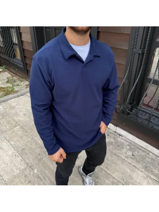 Erkek Fitilli Polar Sweatshirt – Düğmesiz Polo Yaka, Oversize Rahat Kalıp, Kalın Polar Kumaş, Kışlık ve Baharlık Şık Günlük Üst - Lacivert