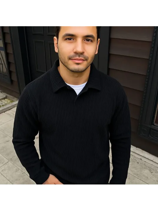 Erkek Fitilli Polar Sweatshirt – Düğmesiz Polo Yaka, Oversize Rahat Kalıp, Kalın Polar Kumaş, Kışlık ve Baharlık Şık Günlük Üst - Siyah