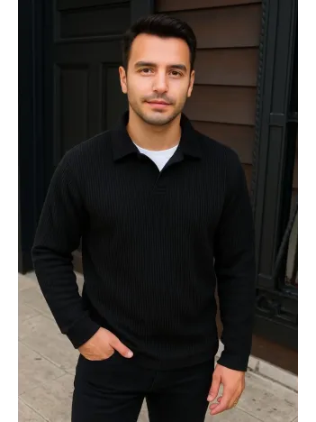 Erkek Fitilli Polar Sweatshirt – Düğmesiz Polo Yaka, Oversize Rahat Kalıp, Kalın Polar Kumaş, Kışlık ve Baharlık Şık Günlük Üst - Siyah