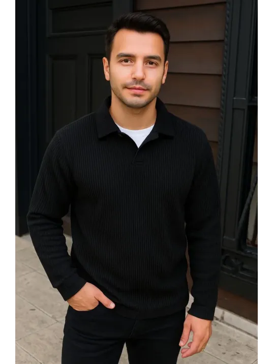 Erkek Fitilli Polar Sweatshirt – Düğmesiz Polo Yaka, Oversize Rahat Kalıp, Kalın Polar Kumaş, Kışlık ve Baharlık Şık Günlük Üst - Siyah