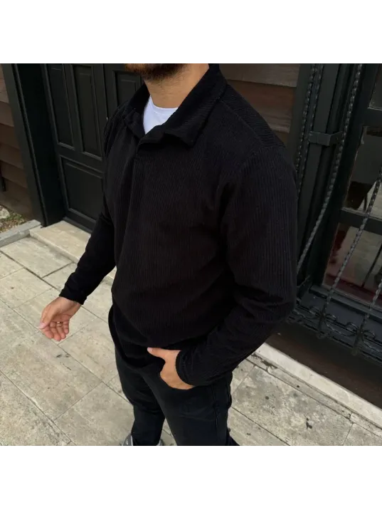 Erkek Fitilli Polar Sweatshirt – Düğmesiz Polo Yaka, Oversize Rahat Kalıp, Kalın Polar Kumaş, Kışlık ve Baharlık Şık Günlük Üst - Siyah