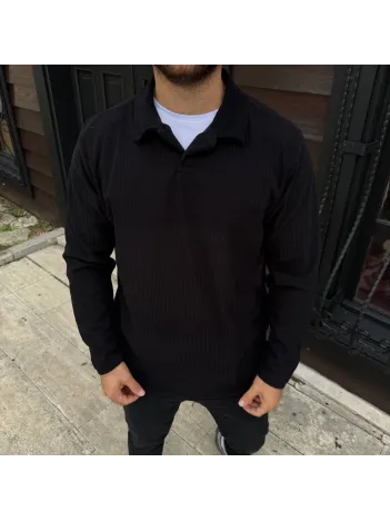 Erkek Fitilli Polar Sweatshirt – Düğmesiz Polo Yaka, Oversize Rahat Kalıp, Kalın Polar Kumaş, Kışlık ve Baharlık Şık Günlük Üst - Siyah