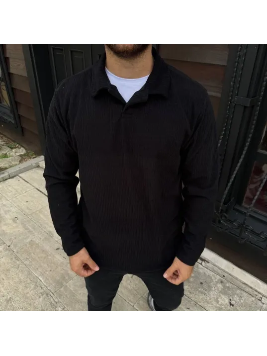 Erkek Fitilli Polar Sweatshirt – Düğmesiz Polo Yaka, Oversize Rahat Kalıp, Kalın Polar Kumaş, Kışlık ve Baharlık Şık Günlük Üst - Siyah