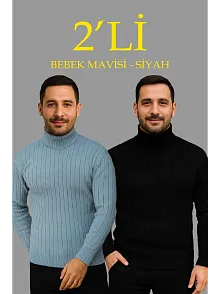 Erkek Fitilli Triko Kazak 2'li Set Bebek Mavisi Siyah Regular Balıkcı Yaka Tam Boğazlı Triko Seti Modeli Kazak