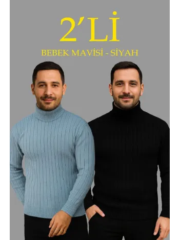 Erkek Fitilli Triko Kazak 2'li Set Bebek Mavisi Siyah Regular Balıkcı Yaka Tam Boğazlı Triko Seti Modeli Kazak