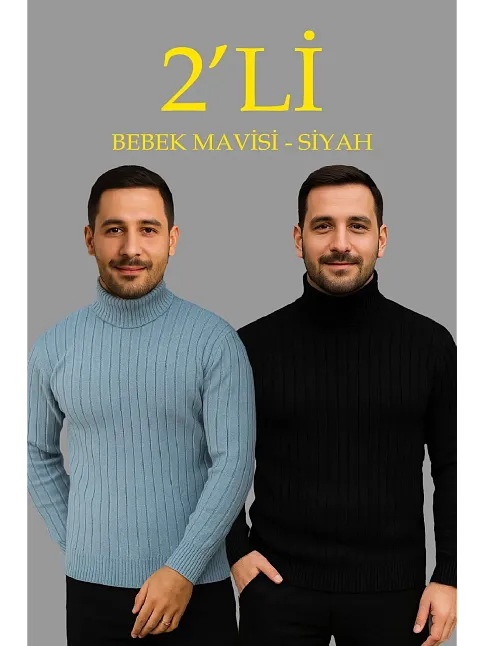 Erkek Fitilli Triko Kazak 2'li Set Bebek Mavisi Siyah Regular Balıkcı Yaka Tam Boğazlı Triko Seti Modeli Kazak