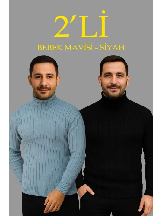 Erkek Fitilli Triko Kazak 2'li Set Bebek Mavisi Siyah Regular Balıkcı Yaka Tam Boğazlı Triko Seti Modeli Kazak Erkek Fitilli Triko Kazak 2'li Set Bebek Mavisi Siyah Regular Balıkcı Yaka Tam Boğazlı Triko Seti Modeli Kazak