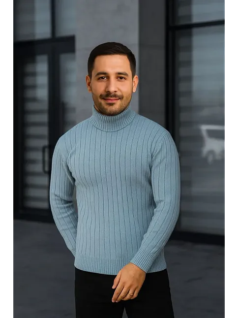 Erkek Fitilli Triko Kazak 3'lü Set Bebek Mavisi Bej Siyah Regular Balıkcı Yaka Tam Boğazlı Triko Seti Modeli Kazak