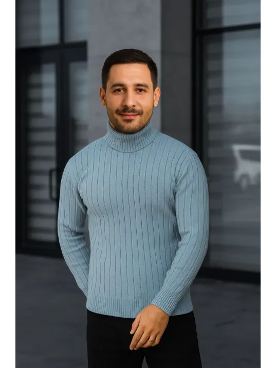 Erkek Fitilli Triko Kazak 3'lÜ Set Bebek Mavisi Bej Siyah Regular Balıkcı Yaka Tam Boğazlı Triko Seti Modeli Kazak