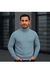 Erkek Fitilli Triko Kazak 2'li Set Bebek Mavisi Siyah Regular Balıkcı Yaka Tam Boğazlı Triko Seti Modeli Kazak