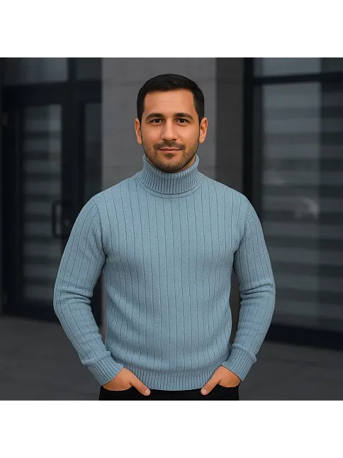 Erkek Fitilli Triko Kazak 2'li Set Bebek Mavisi Siyah Regular Balıkcı Yaka Tam Boğazlı Triko Seti Modeli Kazak