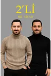 Erkek Fitilli Triko Kazak 2'li Set Bej Siyah Regular Balıkcı Yaka Tam Boğazlı Triko Seti Modeli Kazak