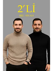 Erkek Fitilli Triko Kazak 2'li Set Bej Siyah Regular Balıkcı Yaka Tam Boğazlı Triko Seti Modeli Kazak