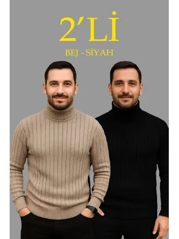 Erkek Fitilli Triko Kazak 2'li Set Bej Siyah Regular Balıkcı Yaka Tam Boğazlı Triko Seti Modeli Kazak