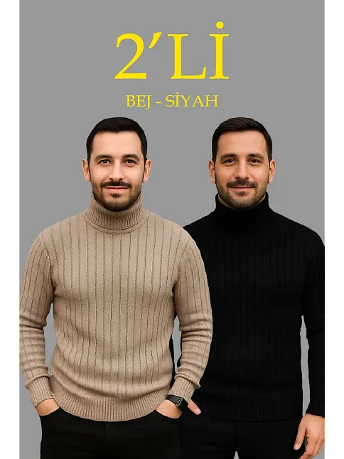 Erkek Fitilli Triko Kazak 2'li Set Bej Siyah Regular Balıkcı Yaka Tam Boğazlı Triko Seti Modeli Kazak