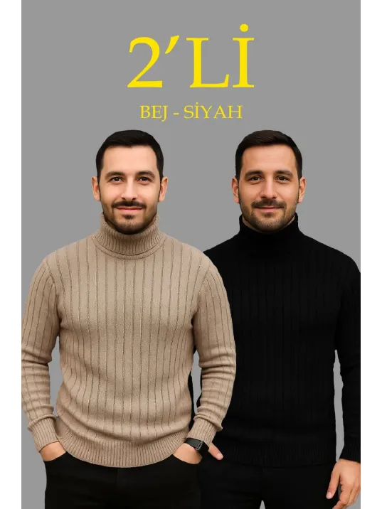 Erkek Fitilli Triko Kazak 2'li Set Bej Siyah Regular Balıkcı Yaka Tam Boğazlı Triko Seti Modeli Kazak Erkek Fitilli Triko Kazak 2'li Set Bej Siyah Regular Balıkcı Yaka Tam Boğazlı Triko Seti Modeli Kazak