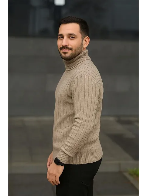 Erkek Fitilli Triko Kazak 2'li Set Bej Siyah Regular Balıkcı Yaka Tam Boğazlı Triko Seti Modeli Kazak