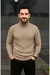 Erkek Fitilli Triko Kazak 2'li Set Bej Siyah Regular Balıkcı Yaka Tam Boğazlı Triko Seti Modeli Kazak
