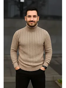 Erkek Fitilli Triko Kazak 2'li Set Bej Siyah Regular Balıkcı Yaka Tam Boğazlı Triko Seti Modeli Kazak